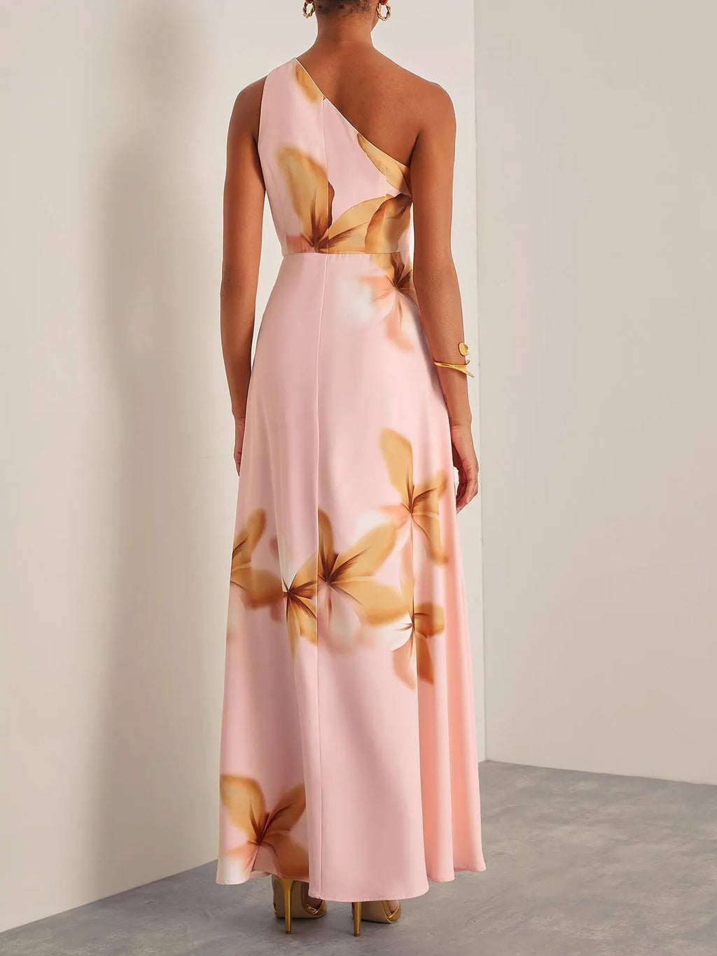 Pink Floral One-Shoulder Slit A-Line Gown