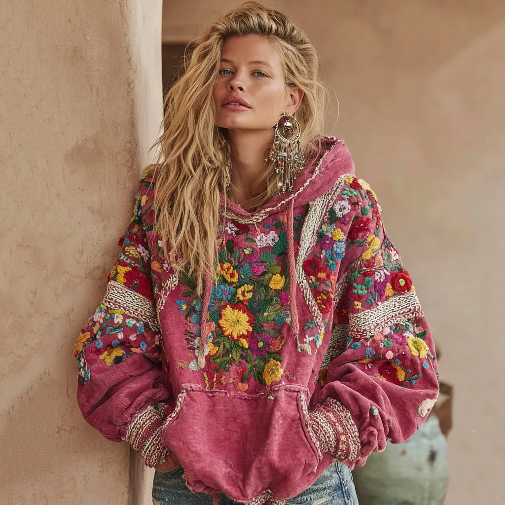 Women's Vintage Bohemian Floral Embroidery Long Sleeve Casual Hoodie