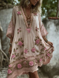 Boho Pink Roses Embroidered Lace Flowy Linen Midi Dress