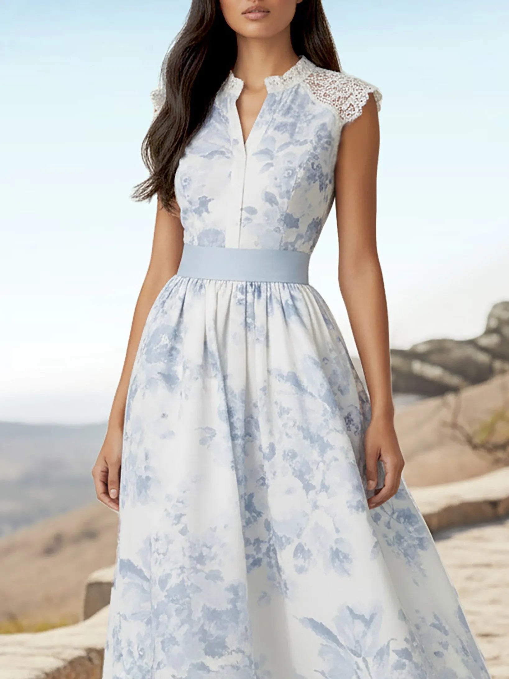 Maxi Linen Dress, Sleeveless, Stand Collar, Floral, Lace, Vacation, Vintage, White