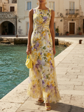 Yellow Floral Ruched Chiffon Boat Neck Sleeveless A-Line Maxi Dress