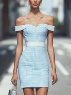 Chic Sky Blue Checkered Off-Shoulder Dress