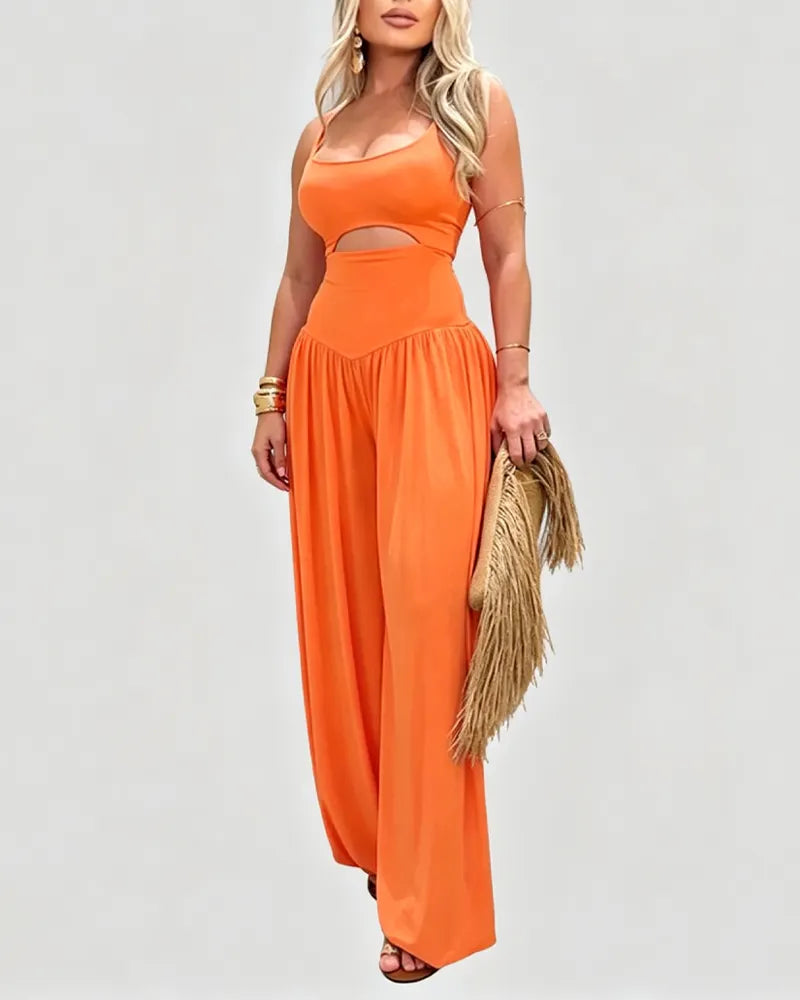 Waist Cutout Tie-Back Flowy Wide Leg Jumpsuit