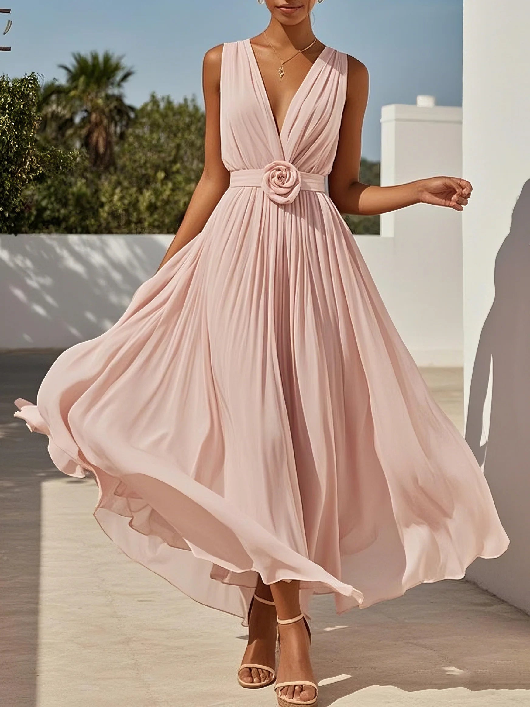 Pink 3D Floral Pleated Chiffon V Neck Sleeveless A-Line Maxi Dress