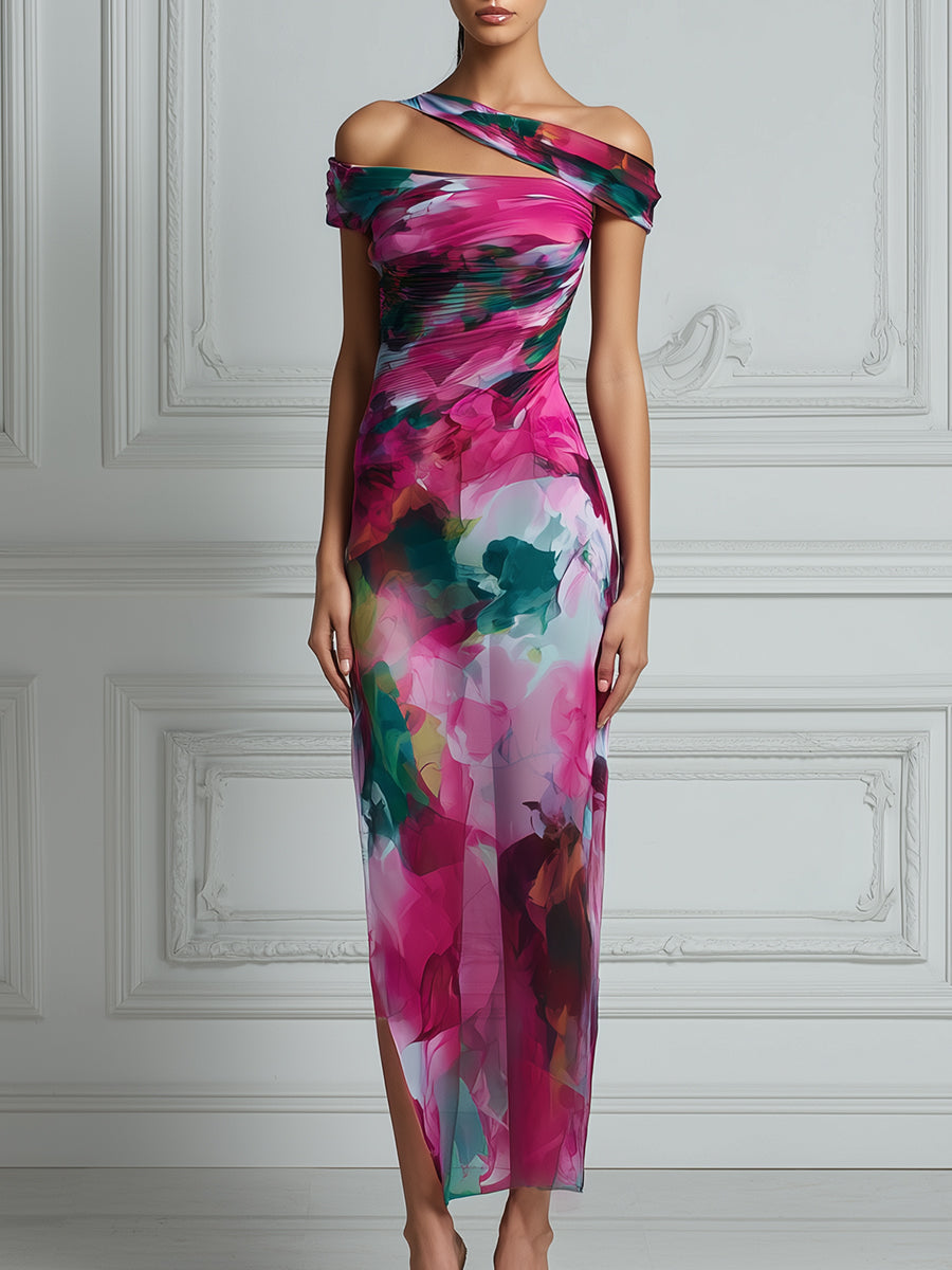 Asymmetric Off-Shoulder Watercolor Print Bodycon Midi Dress