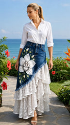 Denim Lace Overlay Maxi Skirt