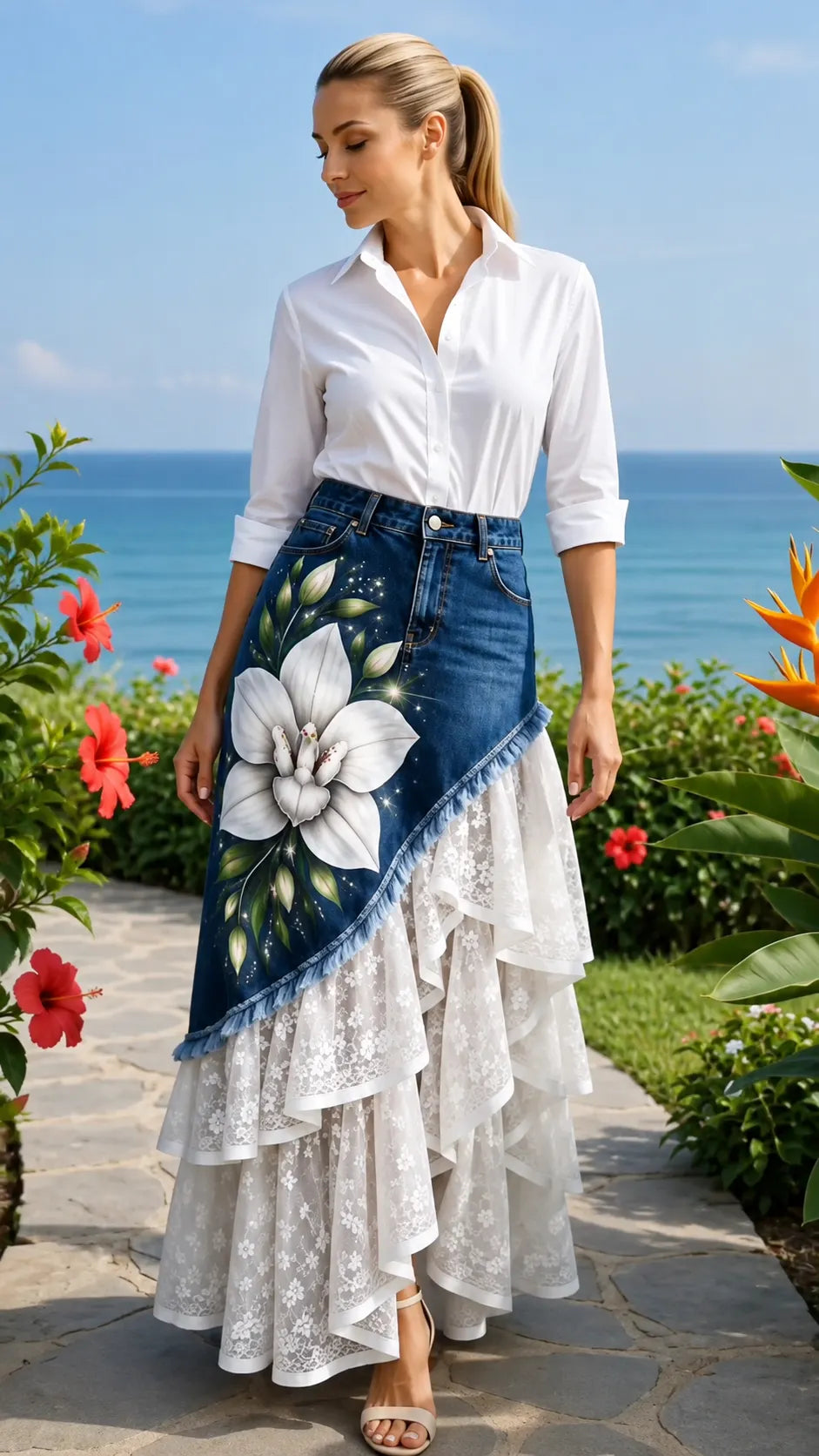 Denim Lace Overlay Maxi Skirt