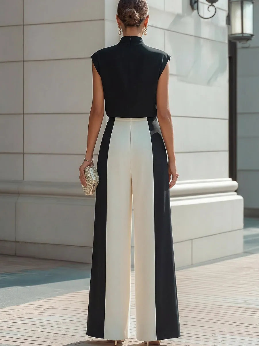 High-Neck Sleeveless Top & Contrast Wide-Leg Pants Set