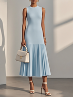 Beige Pleated Knit Crew Neck Sleeveless A-Line Midi Jersey Dress