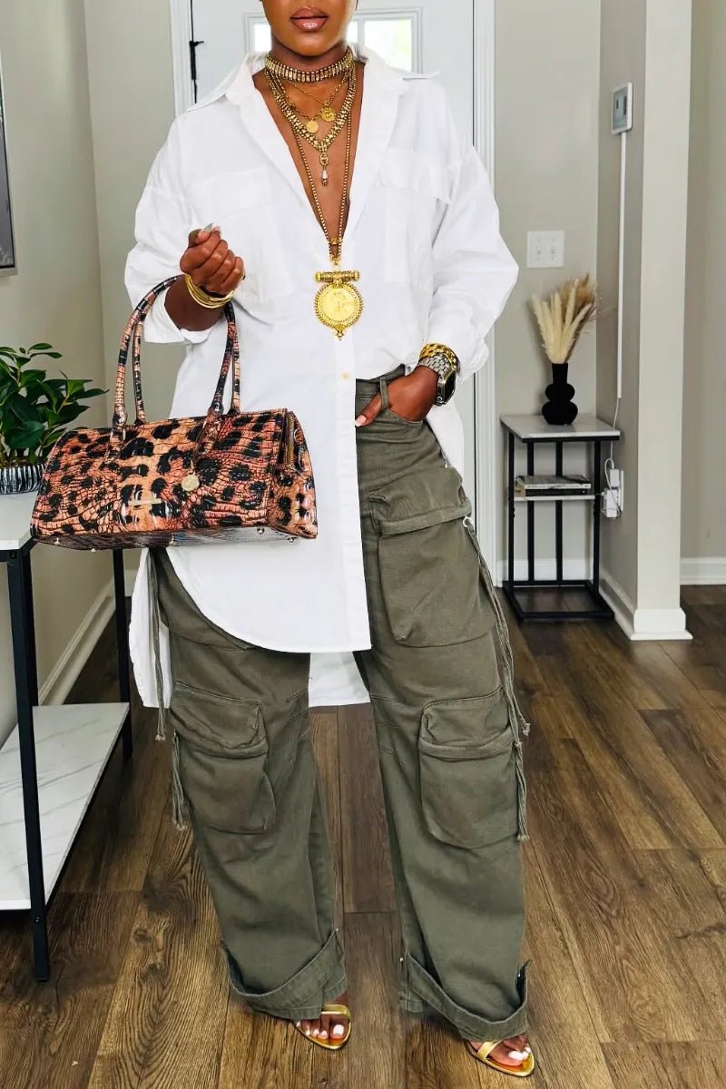 Oversized White Shirt & Cargo Pants Two‐Piece Outfit