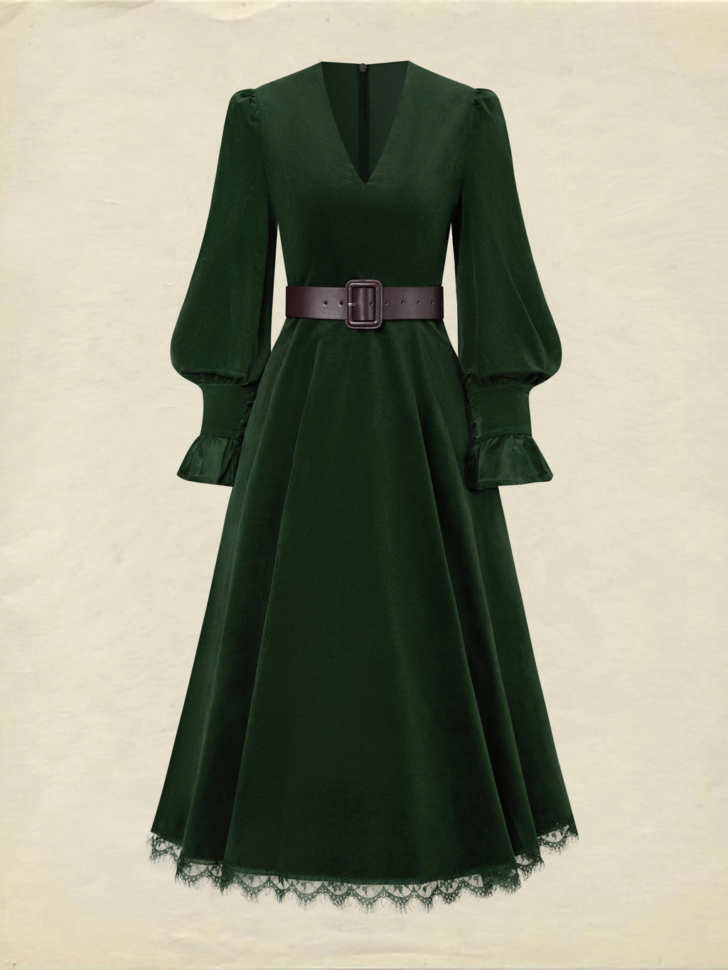 Midi Cotton Dress, Long Sleeves, V Neck, Plain, Lace, Vintage, Green