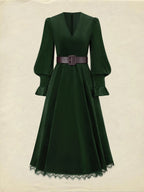 Midi Cotton Dress, Long Sleeves, V Neck, Plain, Lace, Vintage, Green