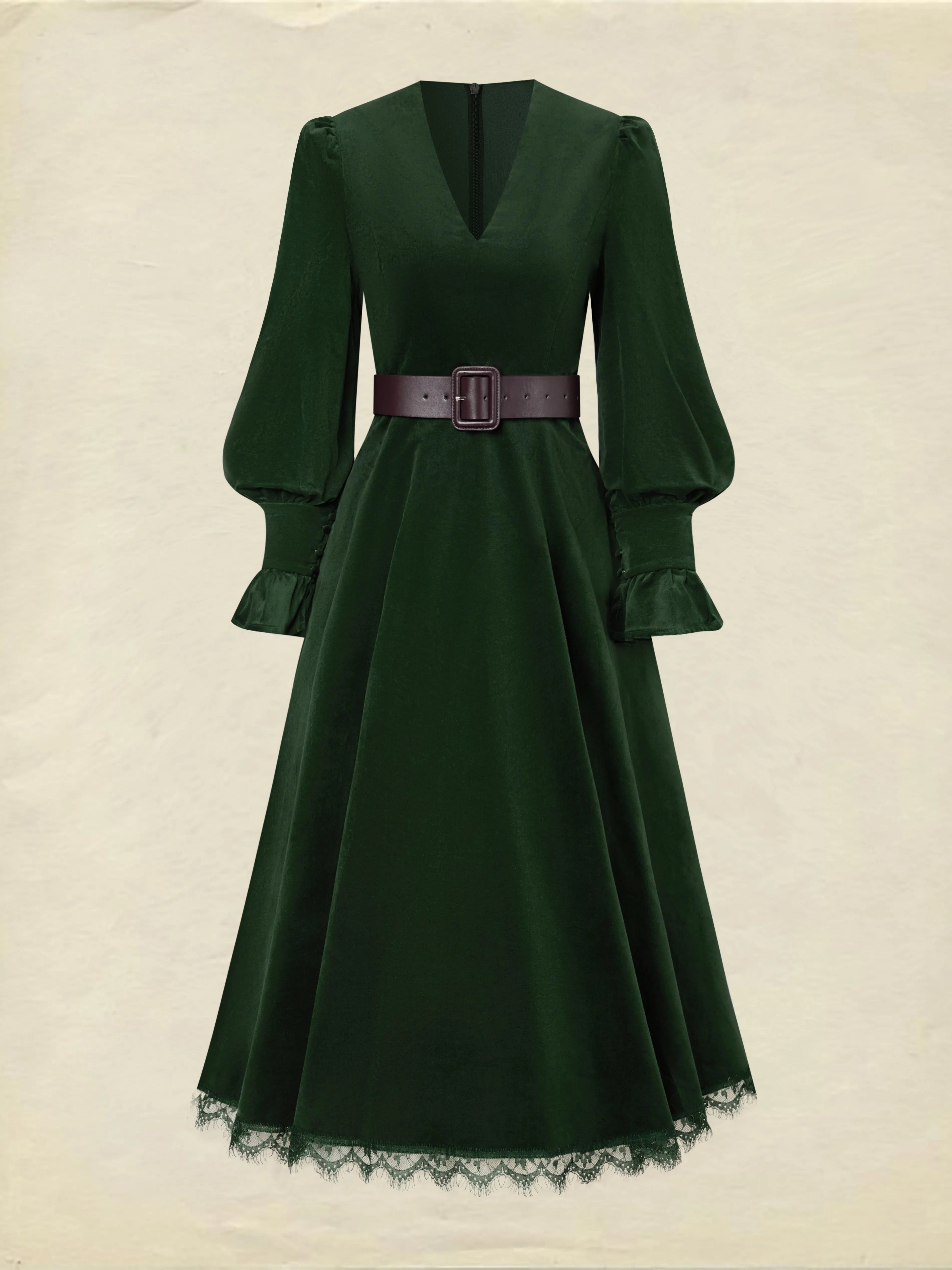 Midi Cotton Dress, Long Sleeves, V Neck, Plain, Lace, Vintage, Green