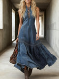 Women's Casual Tie Collar Denim Maxi Skirt