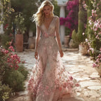 Vintage Pink Roses V Neck Long Sleeve Flowy Maxi Dress