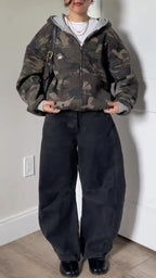 Camo Waffle Knit Zip Up Cropped Hooded Jacket