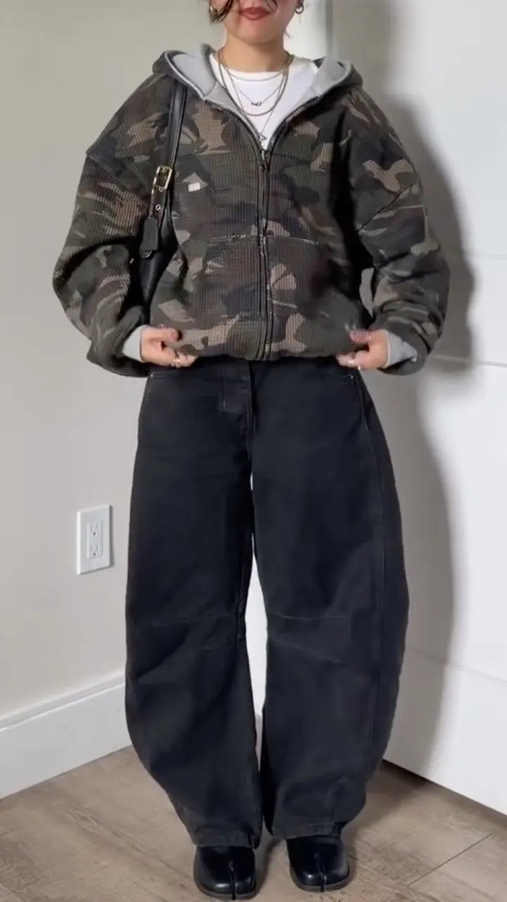 Camo Waffle Knit Zip Up Cropped Hooded Jacket