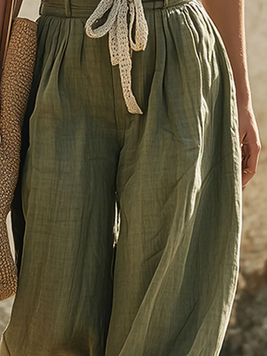 Casual Retro Mesh Knit Vest And Green Cotton Linen Wide-leg Pants Set