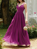 Purple Pleated Chiffon Spaghetti Gallus A-Line Maxi Bridesmaid Dress