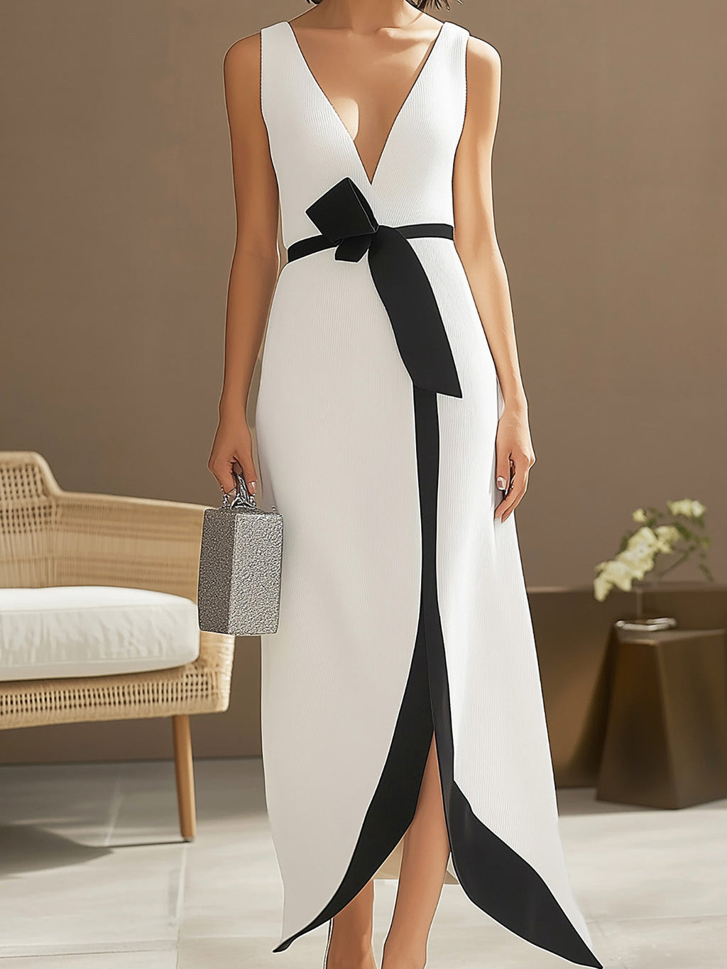 White Textured Dress with Black Waist Detail