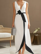 White Textured Dress with Black Waist Detail