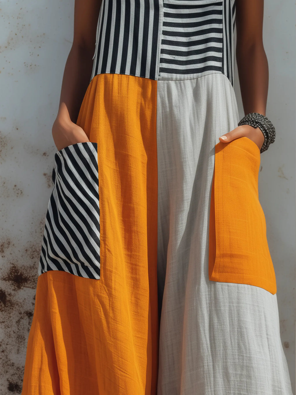 Bold Color-Block Linen-Blend Wide-Leg Jumpsuit With Patch Pockets