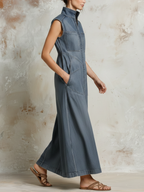 Sleeveless Stand Collar Denim Maxi Dress With Patch Pockets