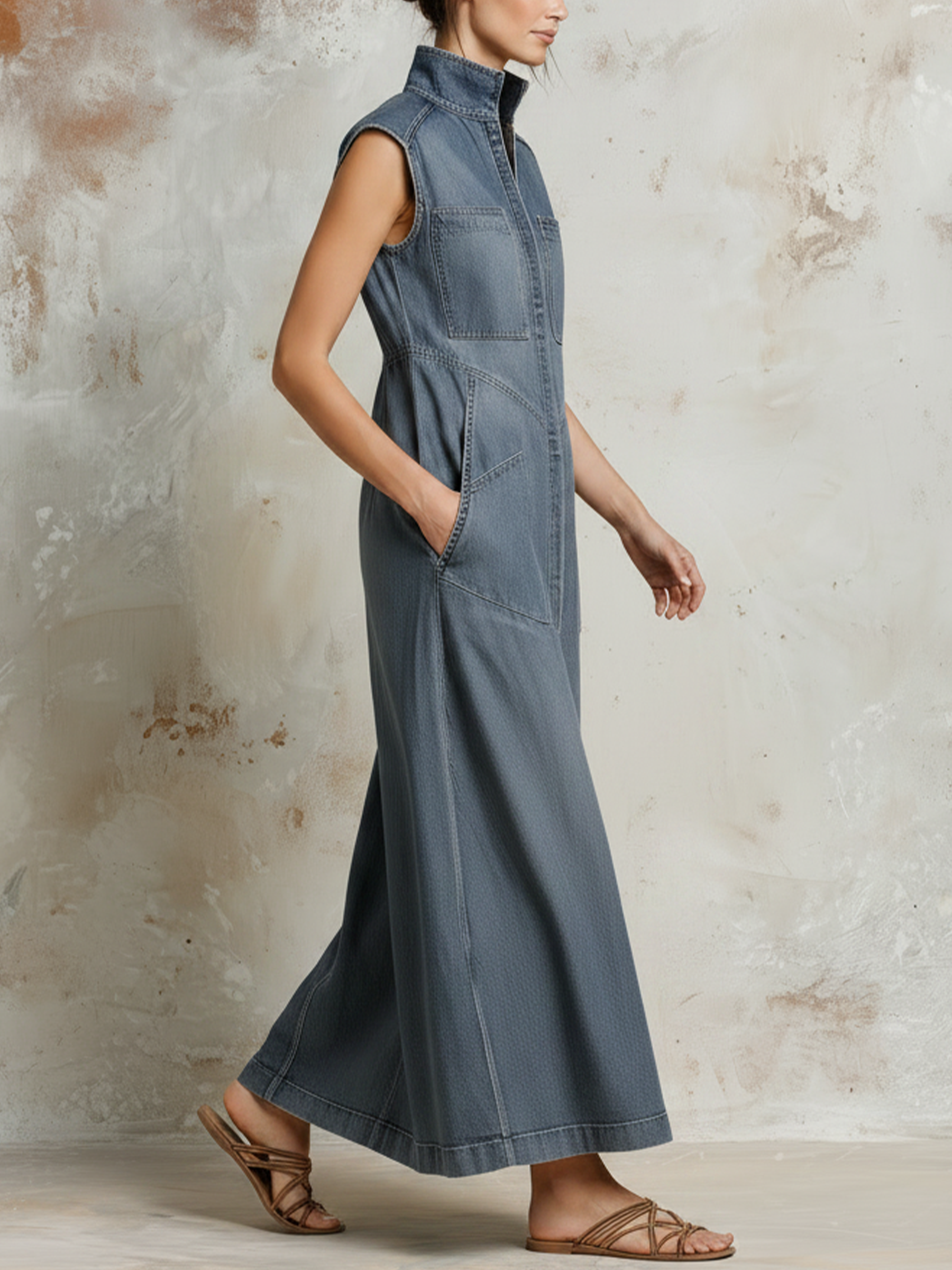 Sleeveless Stand Collar Denim Maxi Dress With Patch Pockets