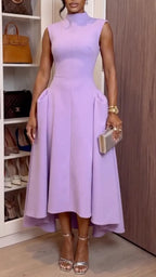 High Neck Sleeveless Midi Flared Pocket Dress