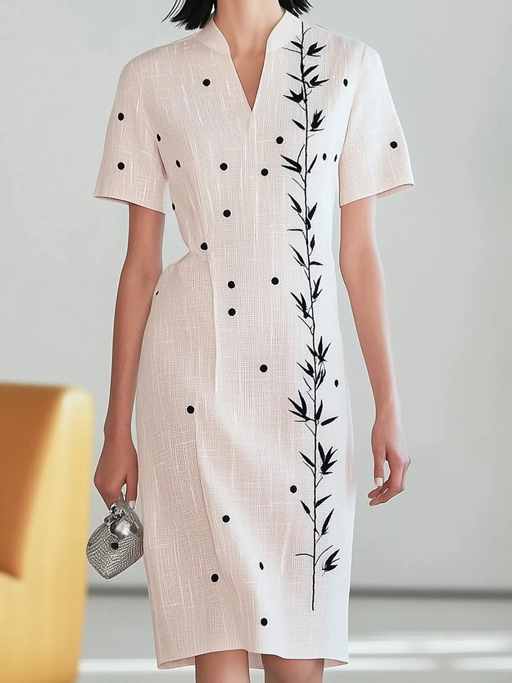 Pink Polka Dot Linen Dress with Bamboo Embroidery