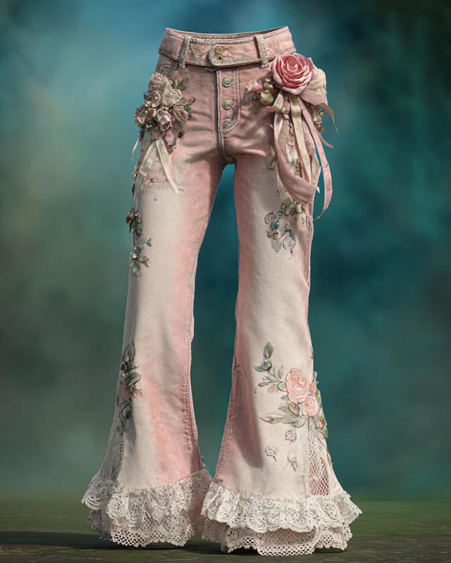 Women's Spring Pink Rose Embroidered Lace Jeans 2712