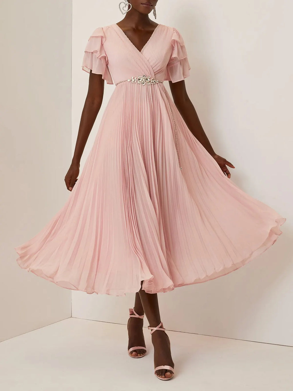 Pink Pleated Rhinestone Chiffon V Neck Short Sleeve Ruffle Sleeve A-Line Maxi Dress