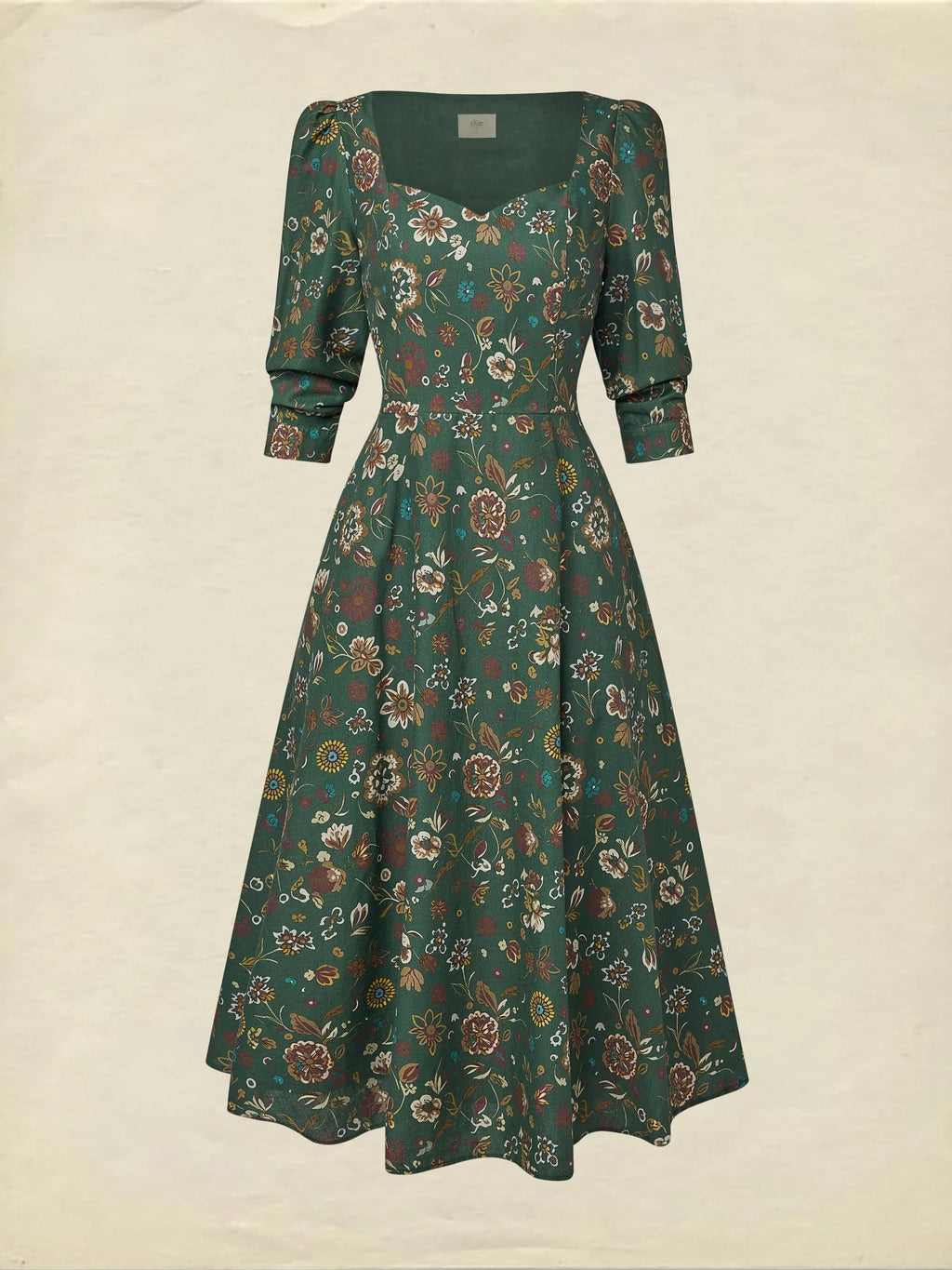 Midi Linen Dress, Long Sleeves, Square Neck, Paisley, Vintage, Green