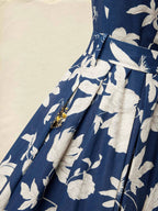 Midi Linen Dress , Cap Sleeves, V Neck, Floral, Button Design, Vintage, Dark Blue