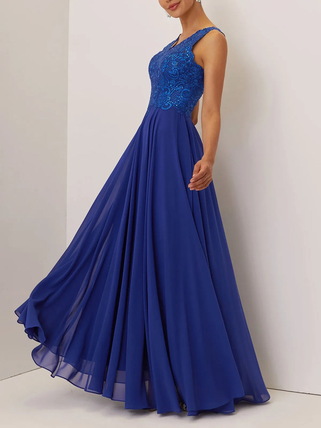 Blue Sequin Lace Chiffon V Neck Sleeveless A-Line Maxi Mother of the Bride or Groom Dress