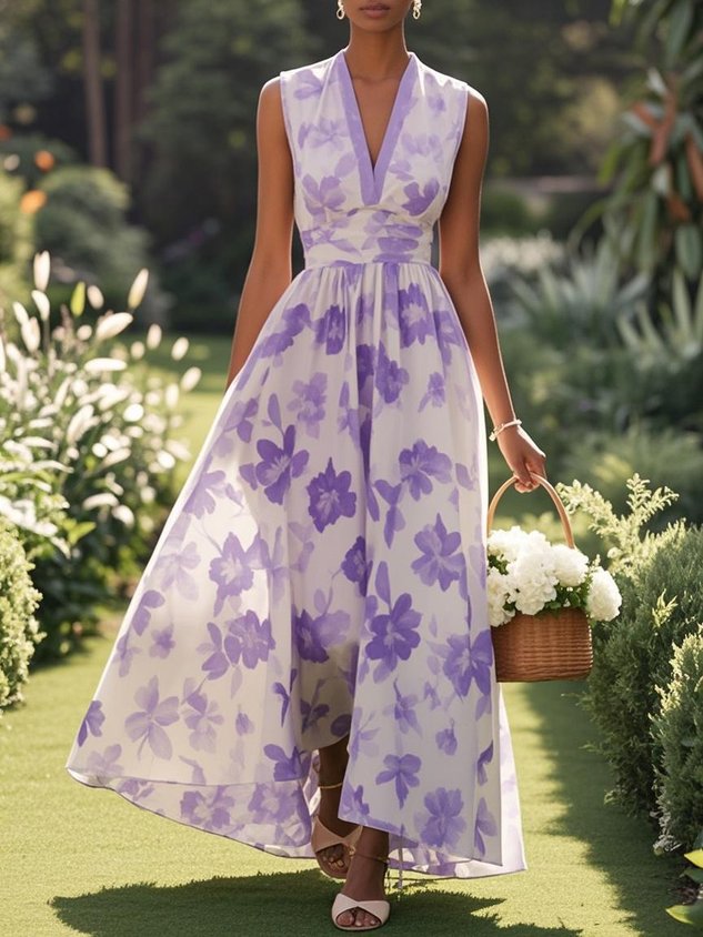 Light Blue Chiffon Floral V Neck Sleeveless A-Line Maxi Dress