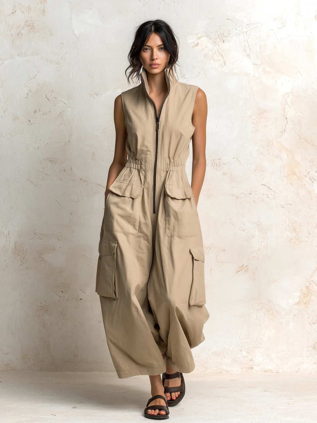 Beige Cotton Twill Sleeveless Utility Cargo Jumpsuit