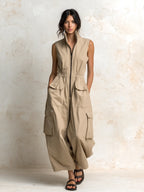 Beige Cotton Twill Sleeveless Utility Cargo Jumpsuit