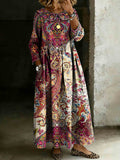 Women's Vintage Paisley Art Print Lapel Collar Pleated Long Sleeve Casual Loose Denim Dress