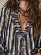 Bohemian Striped Chiffon Blouse With Ruffles