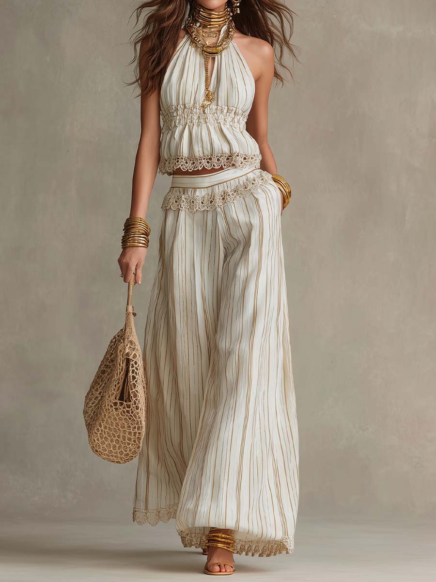 Bohemian Lace-Trimmed Halter Top & Wide-Leg Pants Set