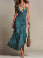 Bohemian Tencel Spaghetti Strap Ruched Tiered Maxi Dress