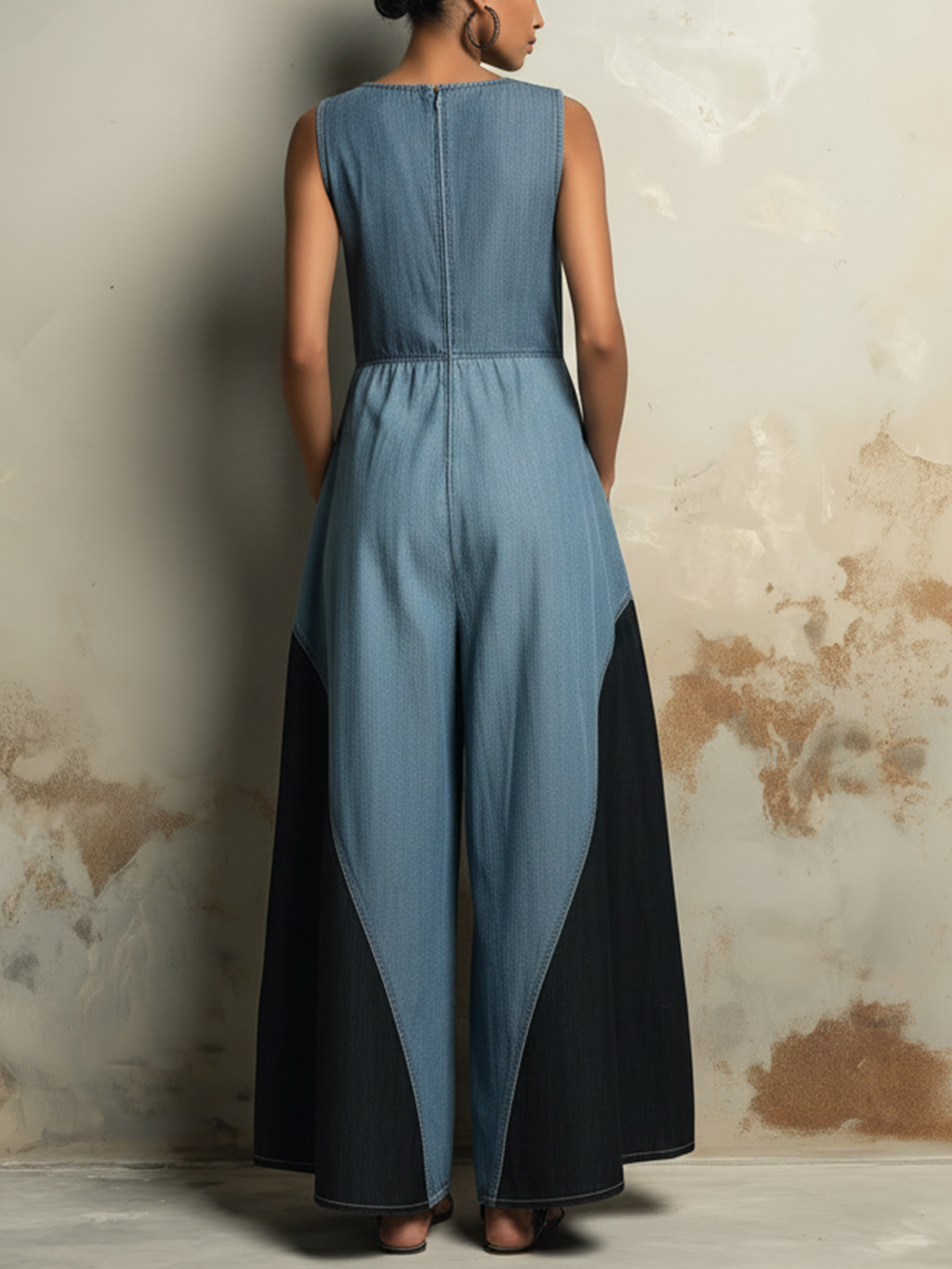 Two-Tone Denim Sleeveless Wide-Leg Jumpsuit
