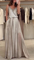 Grey Lace Trim Cami & Wide Leg Maxi Skirt Set