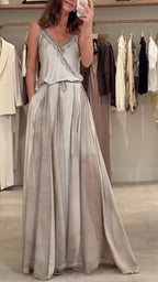 Grey Lace Trim Cami & Wide Leg Maxi Skirt Set