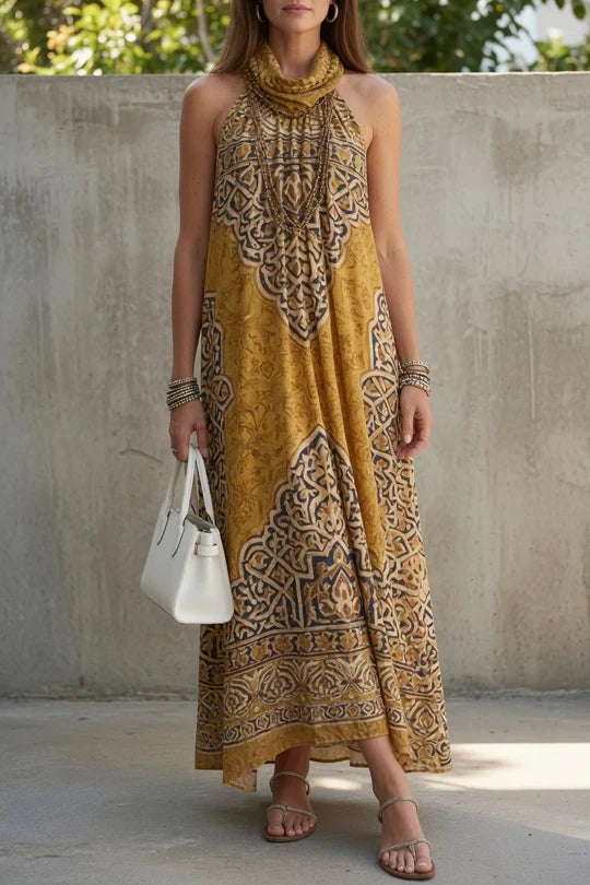 Halter Cowl Neck Boho Print Maxi Dress