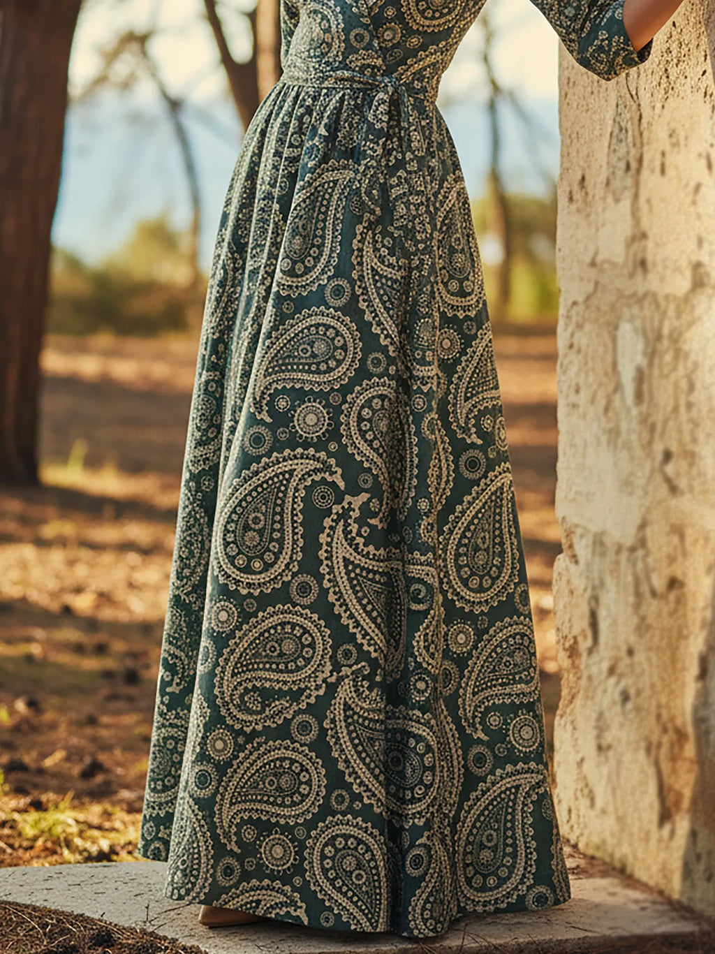 Maxi Linen Dress, Half Sleeve, V Neck, Paisley, Belt Design, Vintage, Cyan