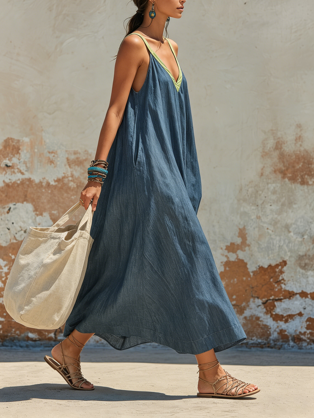 Blue Chambray Maxi Dress With Lime Trim - Loose Flowy Sleeveless Sundress