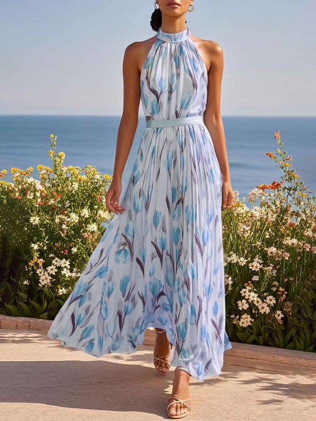 Pink Floral Chiffon Halter Sleeveless A-Line Maxi Dress