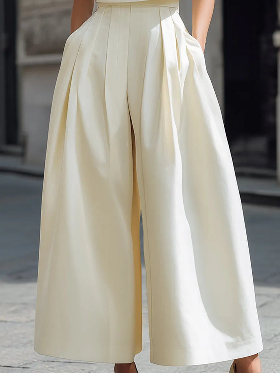 High-Neck Cropped Top And Pleated Wide-Leg Pants Set